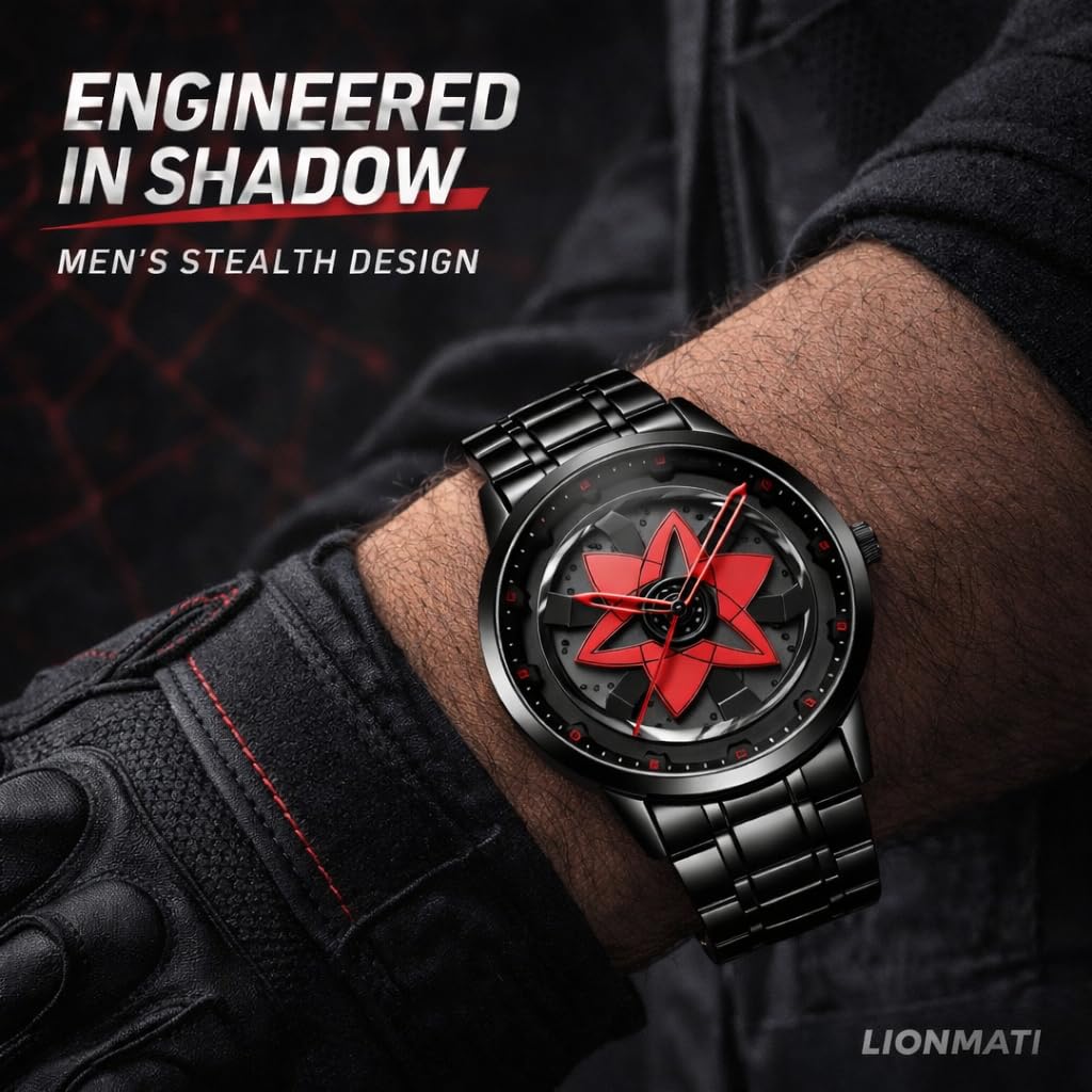 Men’s Quartz Watch with Rotating Alloy Wheel Dial NARUTO SHARINGAN WATCH| Car Wheel Watch for Men & Boys, Black Stainless Steel Bracelet, Hands Spinner Watch Design