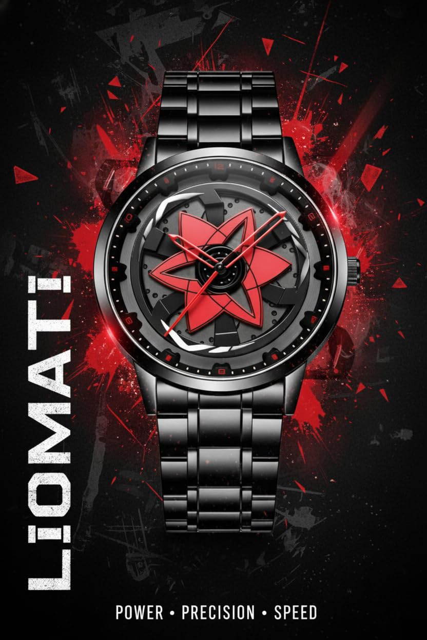 Men’s Quartz Watch with Rotating Alloy Wheel Dial NARUTO SHARINGAN WATCH| Car Wheel Watch for Men & Boys, Black Stainless Steel Bracelet, Hands Spinner Watch Design