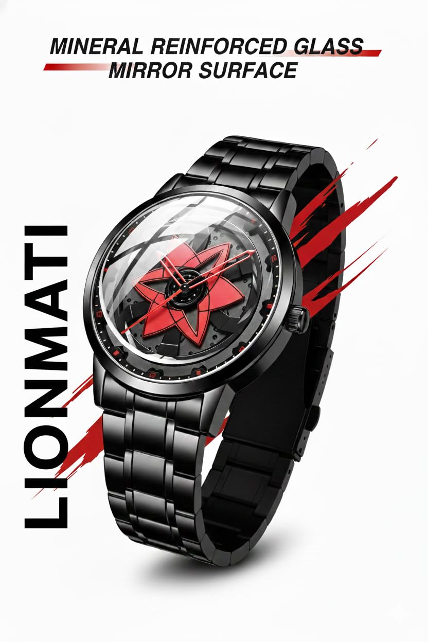 Men’s Quartz Watch with Rotating Alloy Wheel Dial NARUTO SHARINGAN WATCH| Car Wheel Watch for Men & Boys, Black Stainless Steel Bracelet, Hands Spinner Watch Design