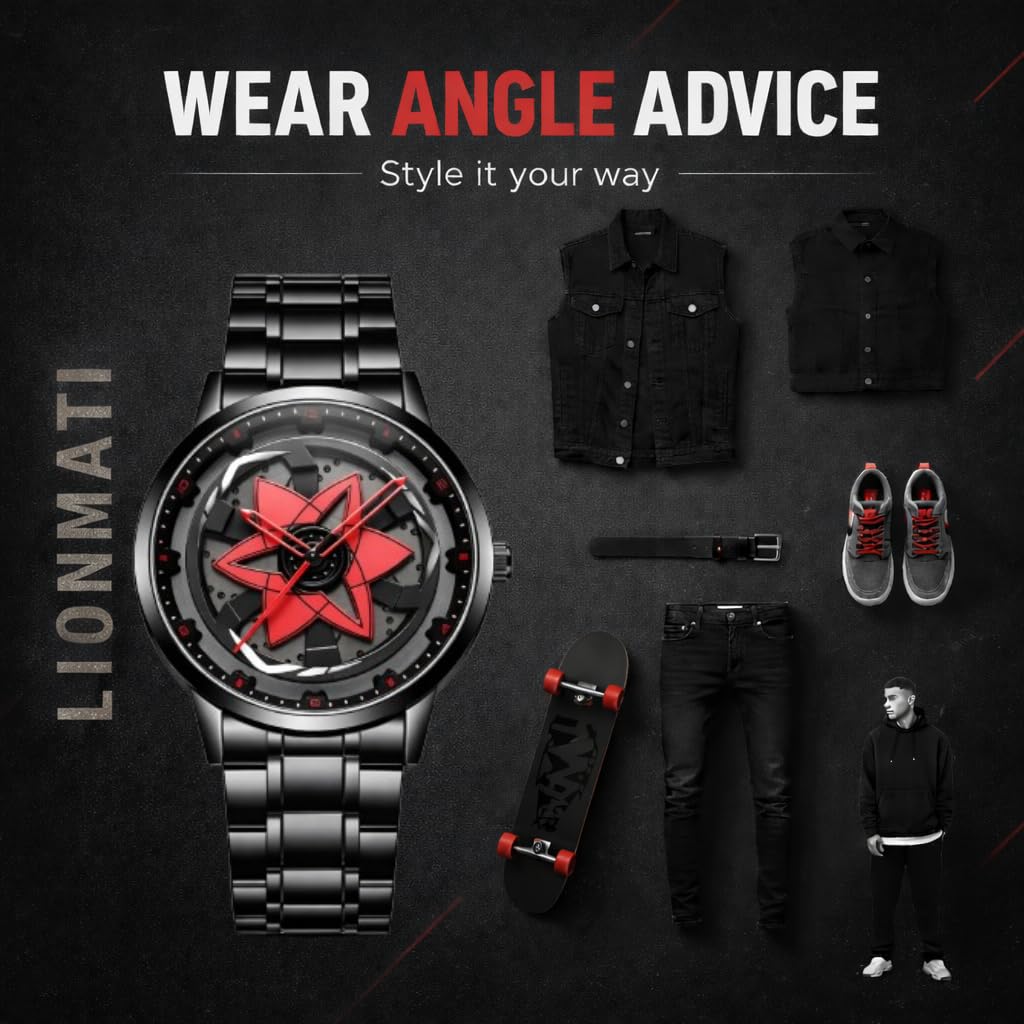 Men’s Quartz Watch with Rotating Alloy Wheel Dial NARUTO SHARINGAN WATCH| Car Wheel Watch for Men & Boys, Black Stainless Steel Bracelet, Hands Spinner Watch Design