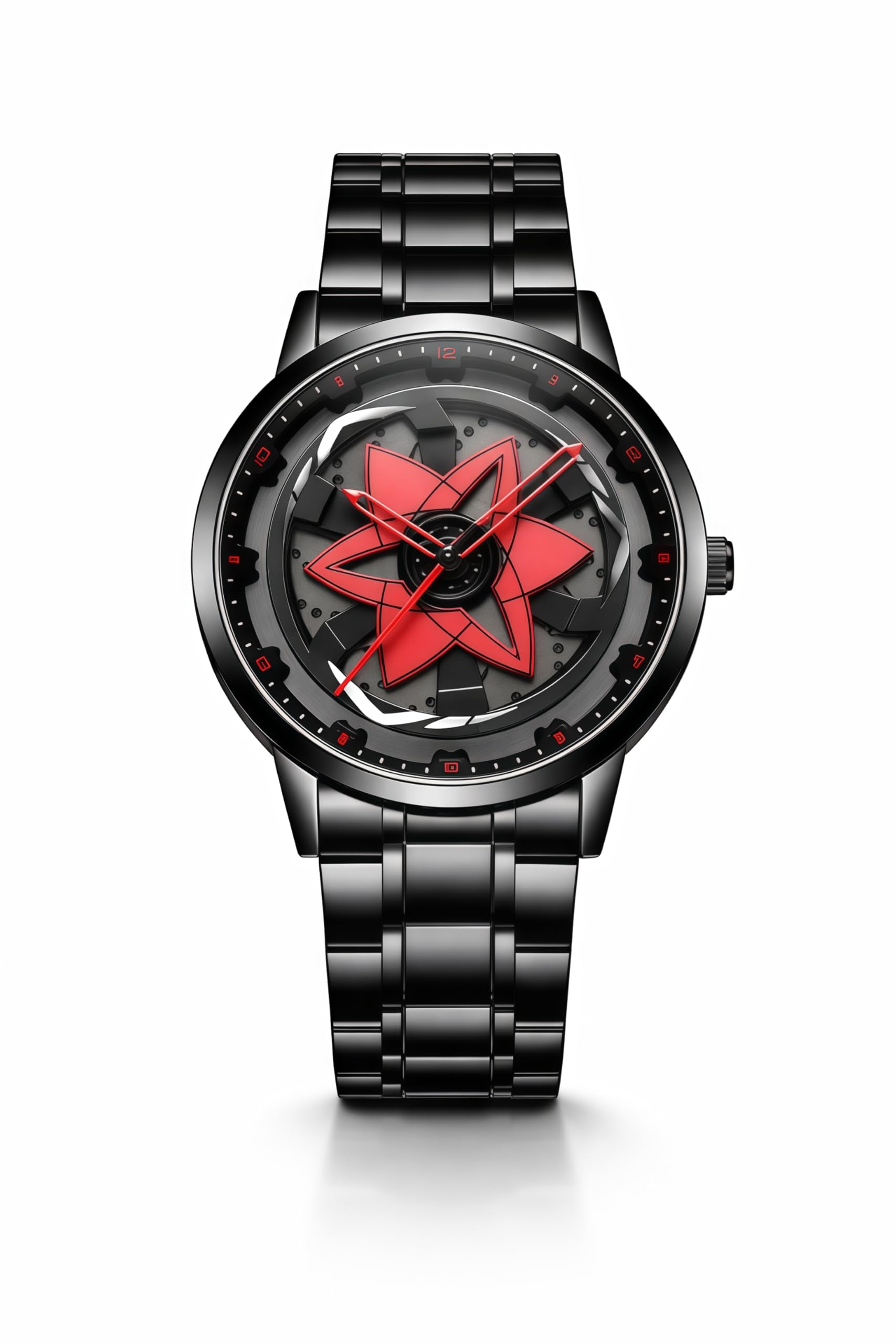 Men’s Quartz Watch with Rotating Alloy Wheel Dial NARUTO SHARINGAN WATCH| Car Wheel Watch for Men & Boys, Black Stainless Steel Bracelet, Hands Spinner Watch Design
