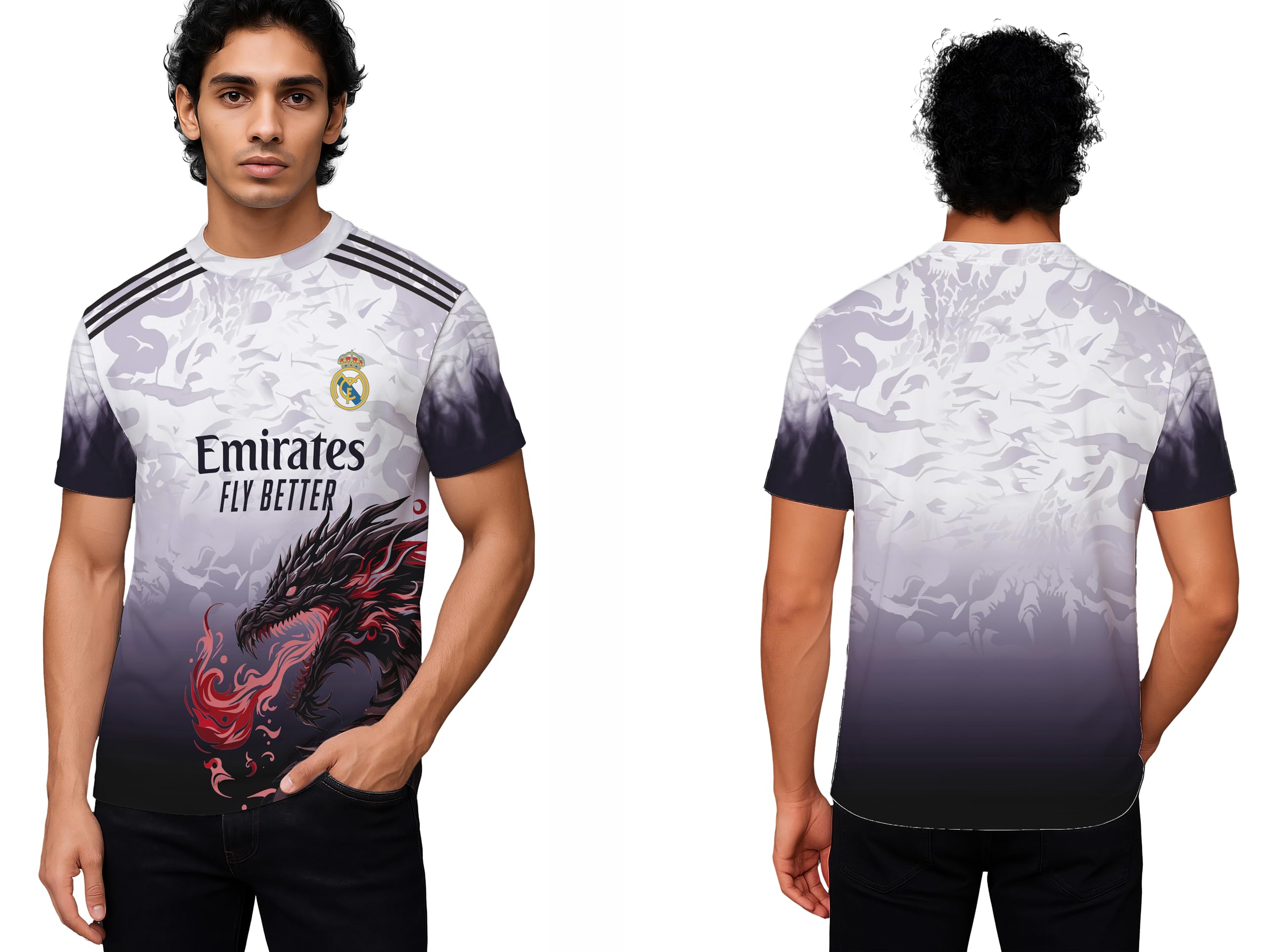Real Madrid Dragon Design Jersey, Men's Football T-Shirt, White and Black Gradient with Red Dragon Graphic