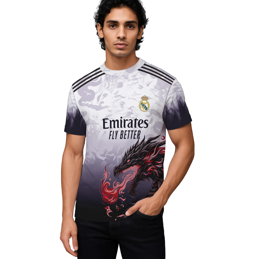 Real Madrid Dragon Design Jersey, Men's Football T-Shirt, White and Black Gradient with Red Dragon Graphic