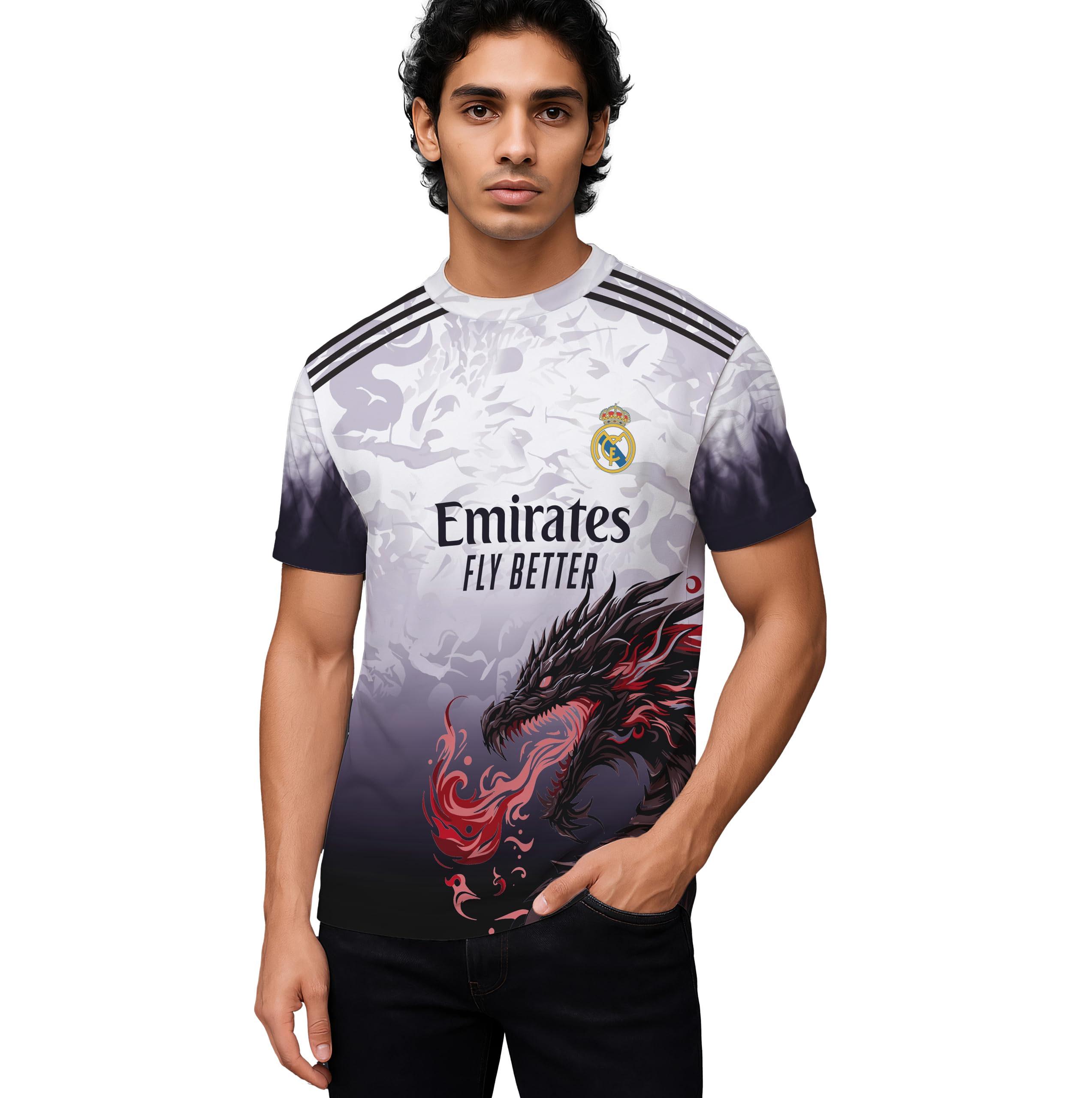 Real Madrid Dragon Design Jersey, Men's Football T-Shirt, White and Black Gradient with Red Dragon Graphic