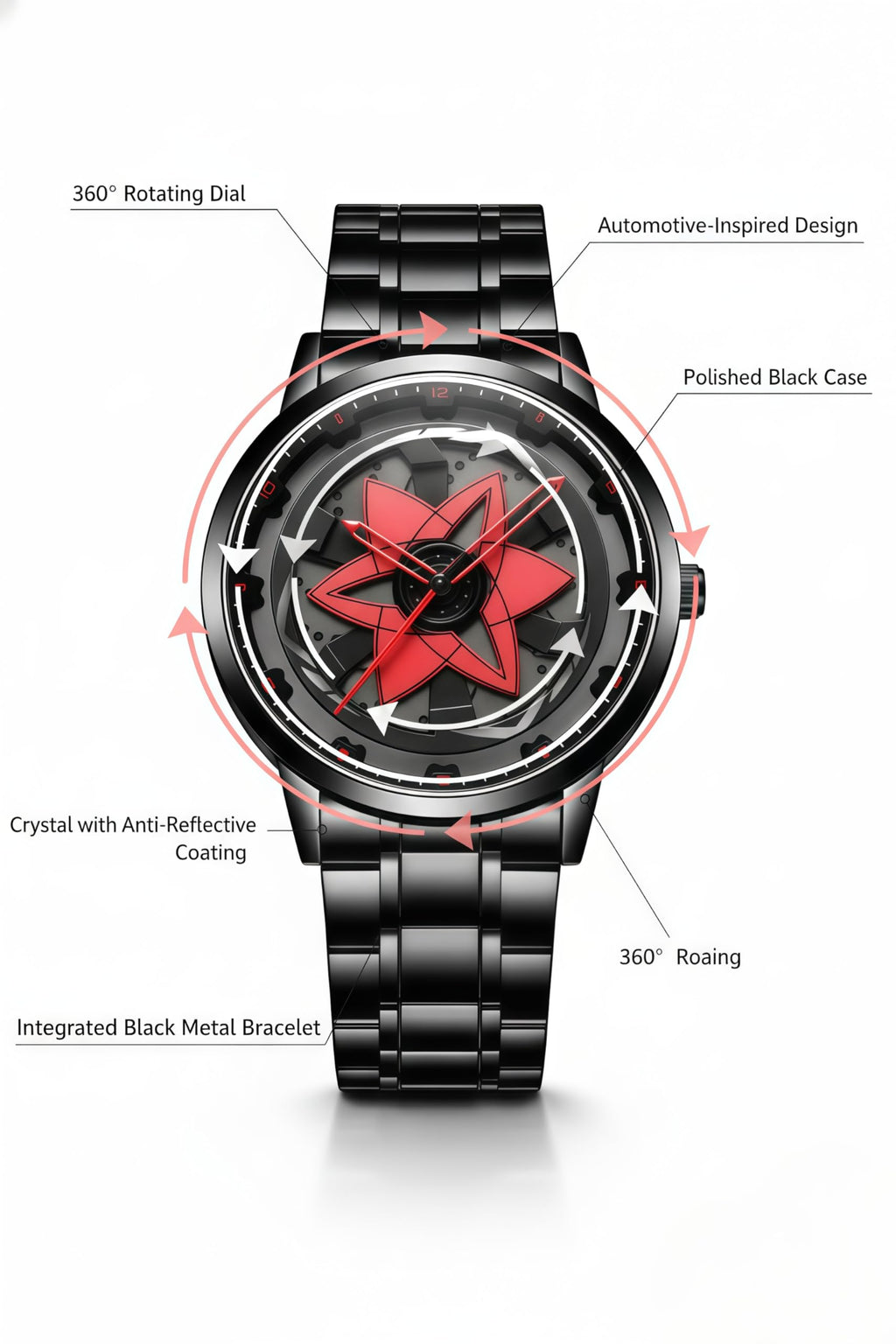 Men’s Quartz Watch with Rotating Alloy Wheel Dial NARUTO SHARINGAN WATCH| Car Wheel Watch for Men & Boys, Black Stainless Steel Bracelet, Hands Spinner Watch Design