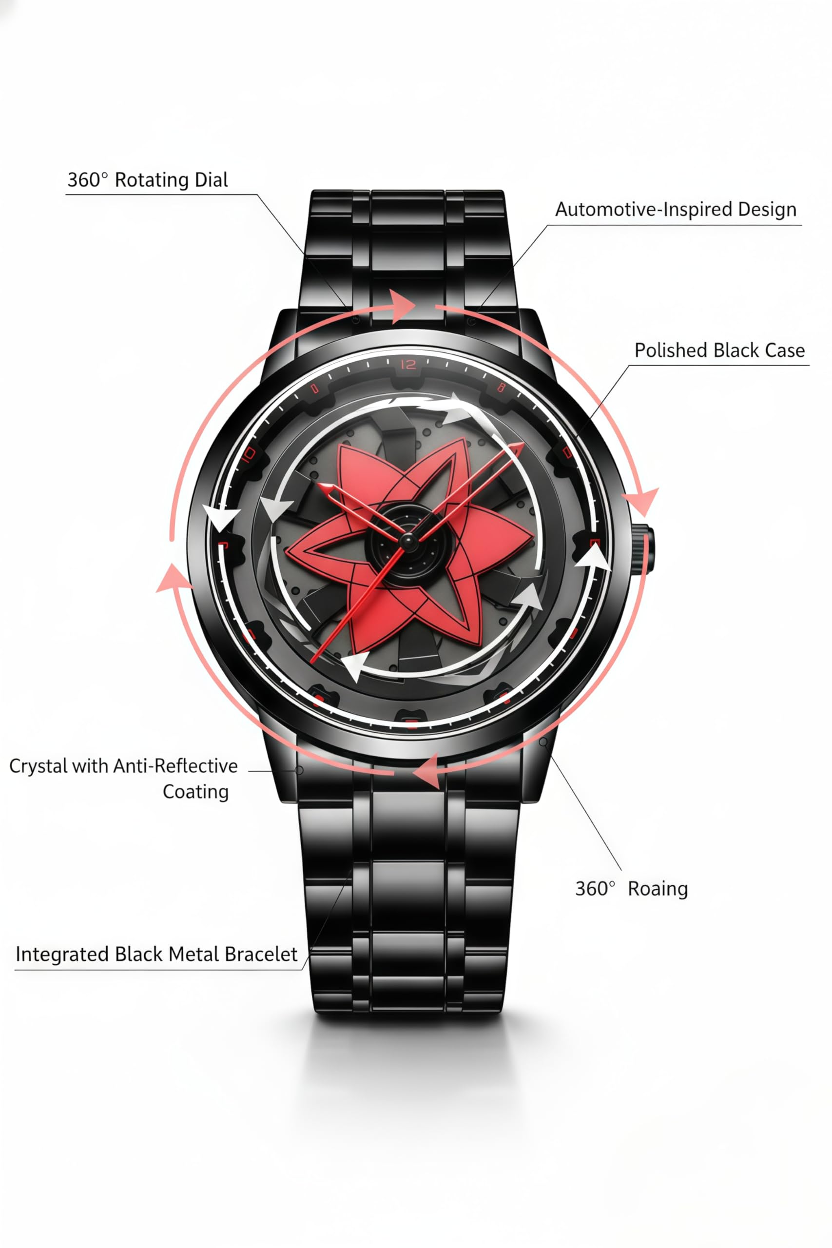 Men’s Quartz Watch with Rotating Alloy Wheel Dial NARUTO SHARINGAN WATCH| Car Wheel Watch for Men & Boys, Black Stainless Steel Bracelet, Hands Spinner Watch Design