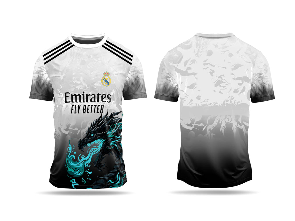 Real Madrid Dragon Design Jersey, White and Black Gradient with Turquoise Accent, Athletic Football Shirt