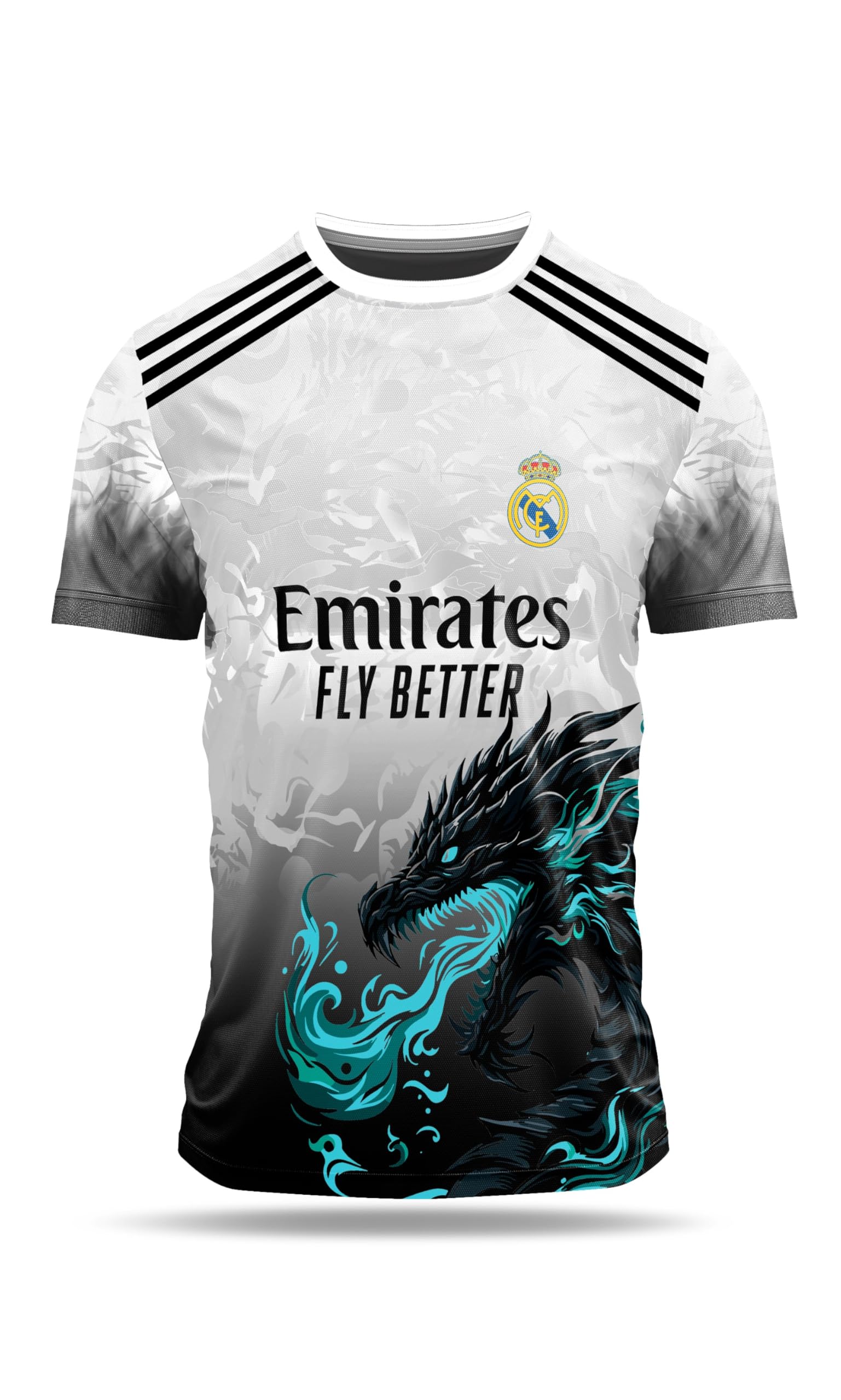 Real Madrid Dragon Design Jersey, White and Black Gradient with Turquoise Accent, Athletic Football Shirt