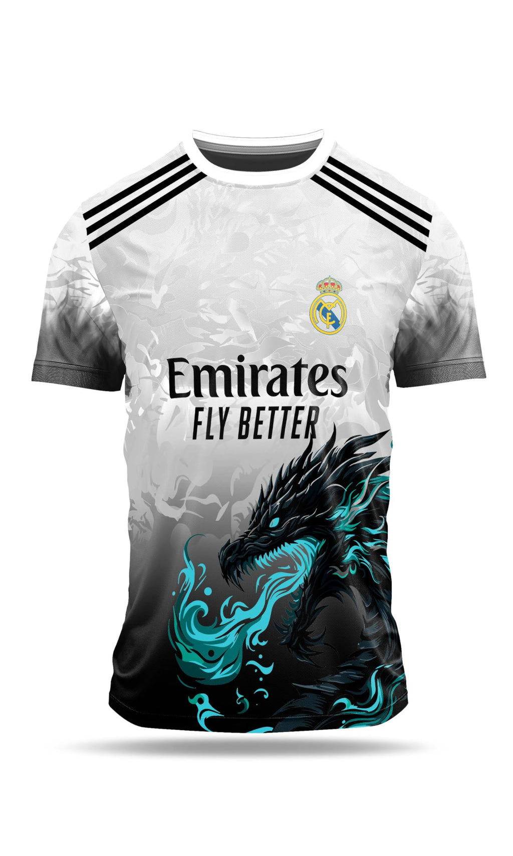 Real Madrid Dragon Design Jersey, White and Black Gradient with Turquoise Accent, Athletic Football Shirt