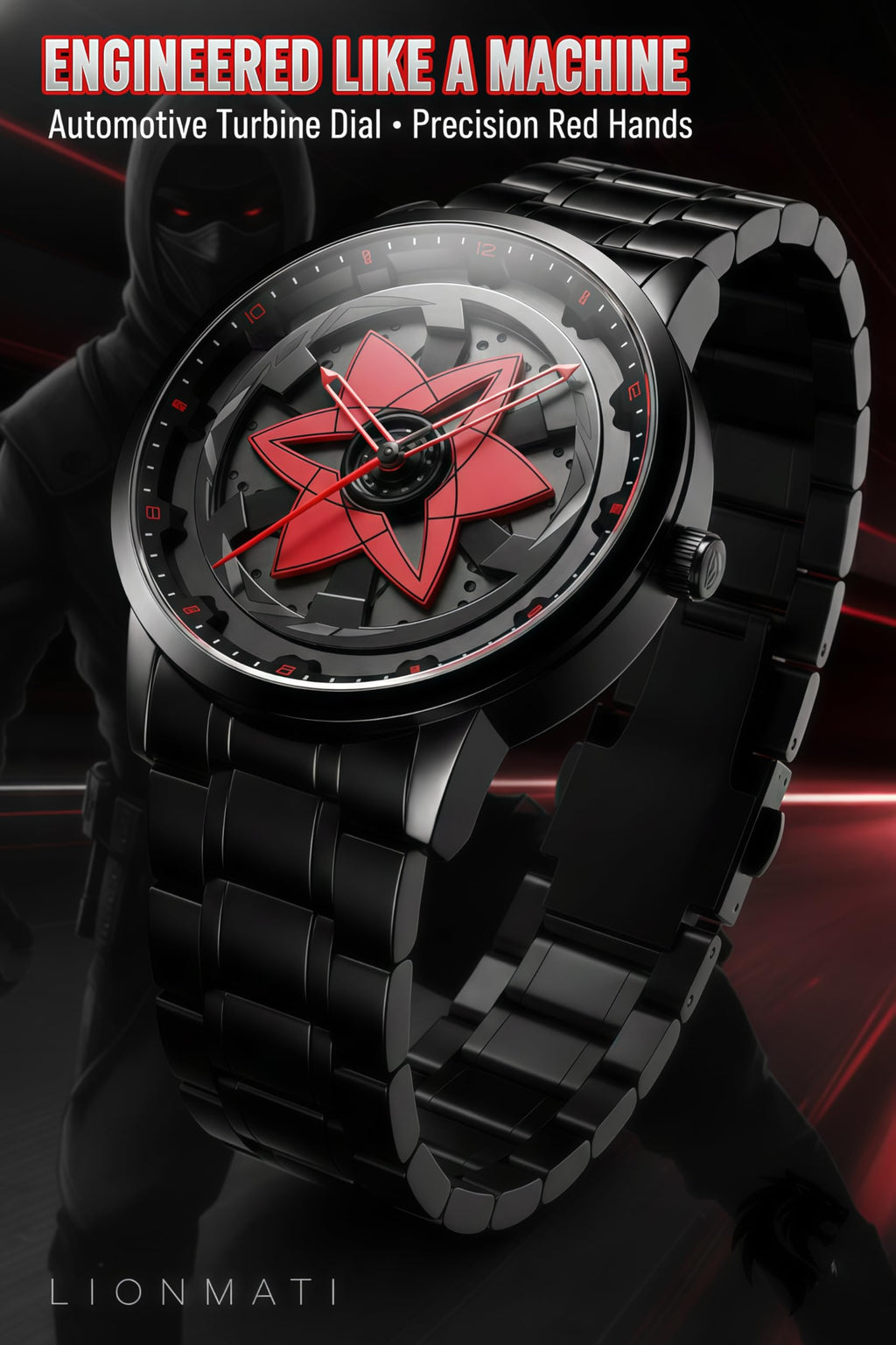 Men’s Quartz Watch with Rotating Alloy Wheel Dial NARUTO SHARINGAN WATCH| Car Wheel Watch for Men & Boys, Black Stainless Steel Bracelet, Hands Spinner Watch Design