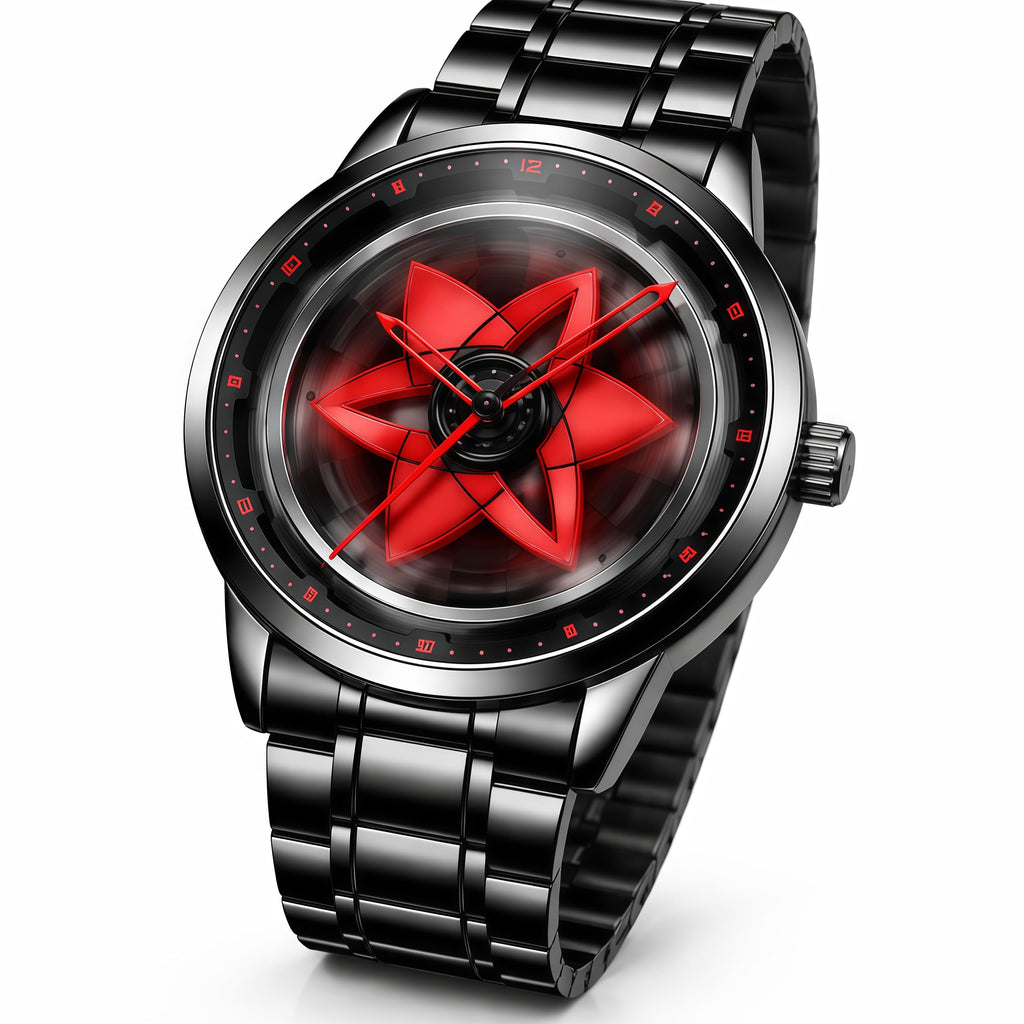 Men’s Quartz Watch with Rotating Alloy Wheel Dial NARUTO SHARINGAN WATCH| Car Wheel Watch for Men & Boys, Black Stainless Steel Bracelet, Hands Spinner Watch Design