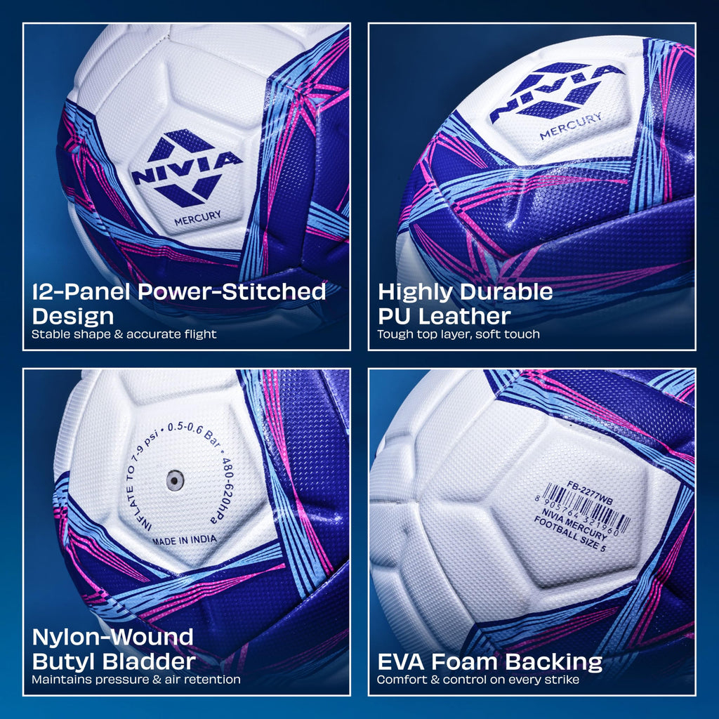 Nivia Mercury Football/PU Leather/Power Stitched Football/12 Panel/Match Ball (White/Blue)