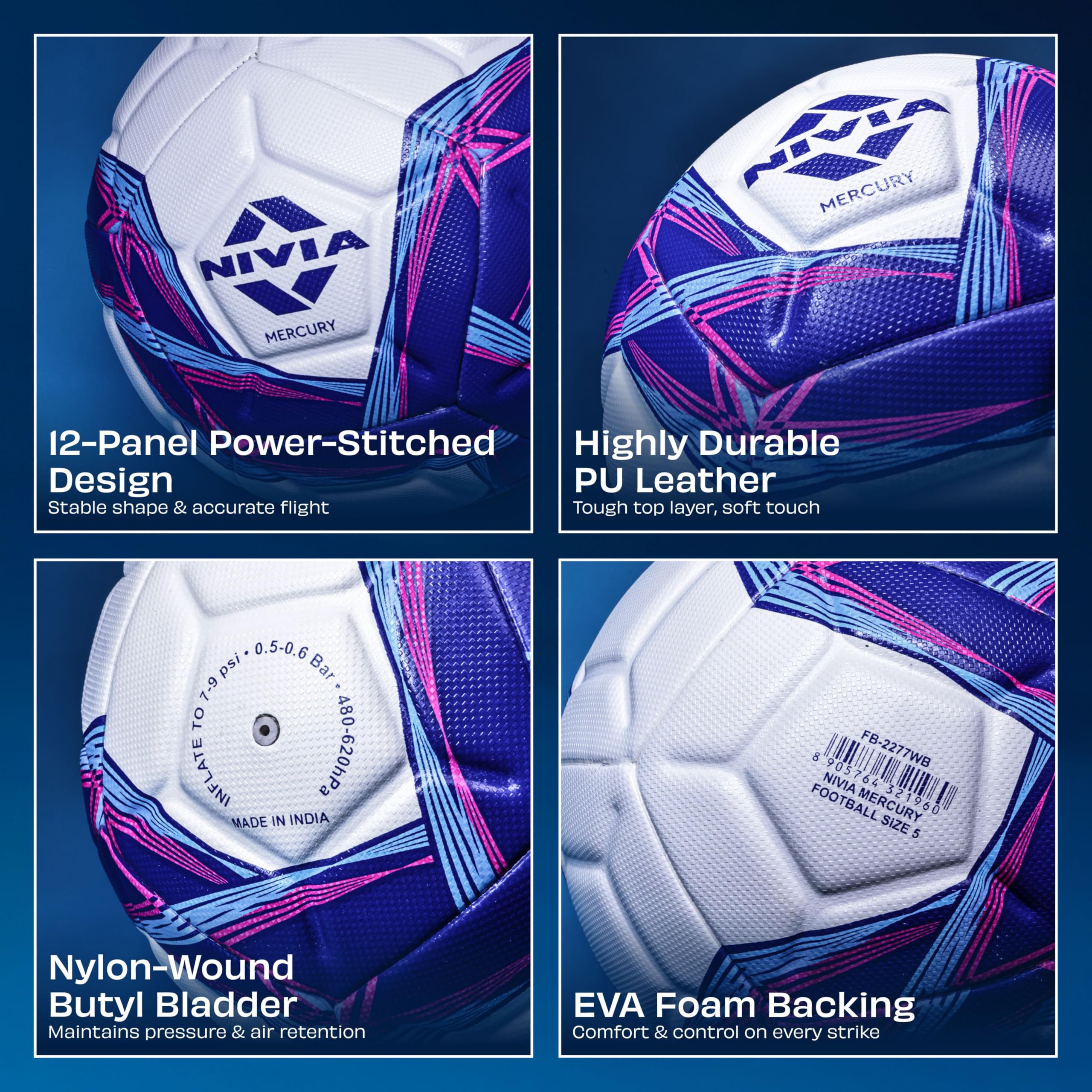 Nivia Mercury Football/PU Leather/Power Stitched Football/12 Panel/Match Ball (White/Blue)